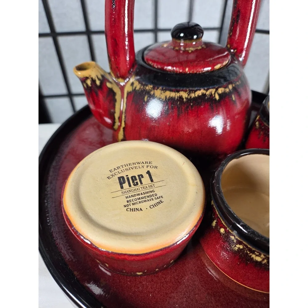 Pier 1 Shanghai Tea Set Red Black Reactive Glaze Earthenware 5 Piece Set